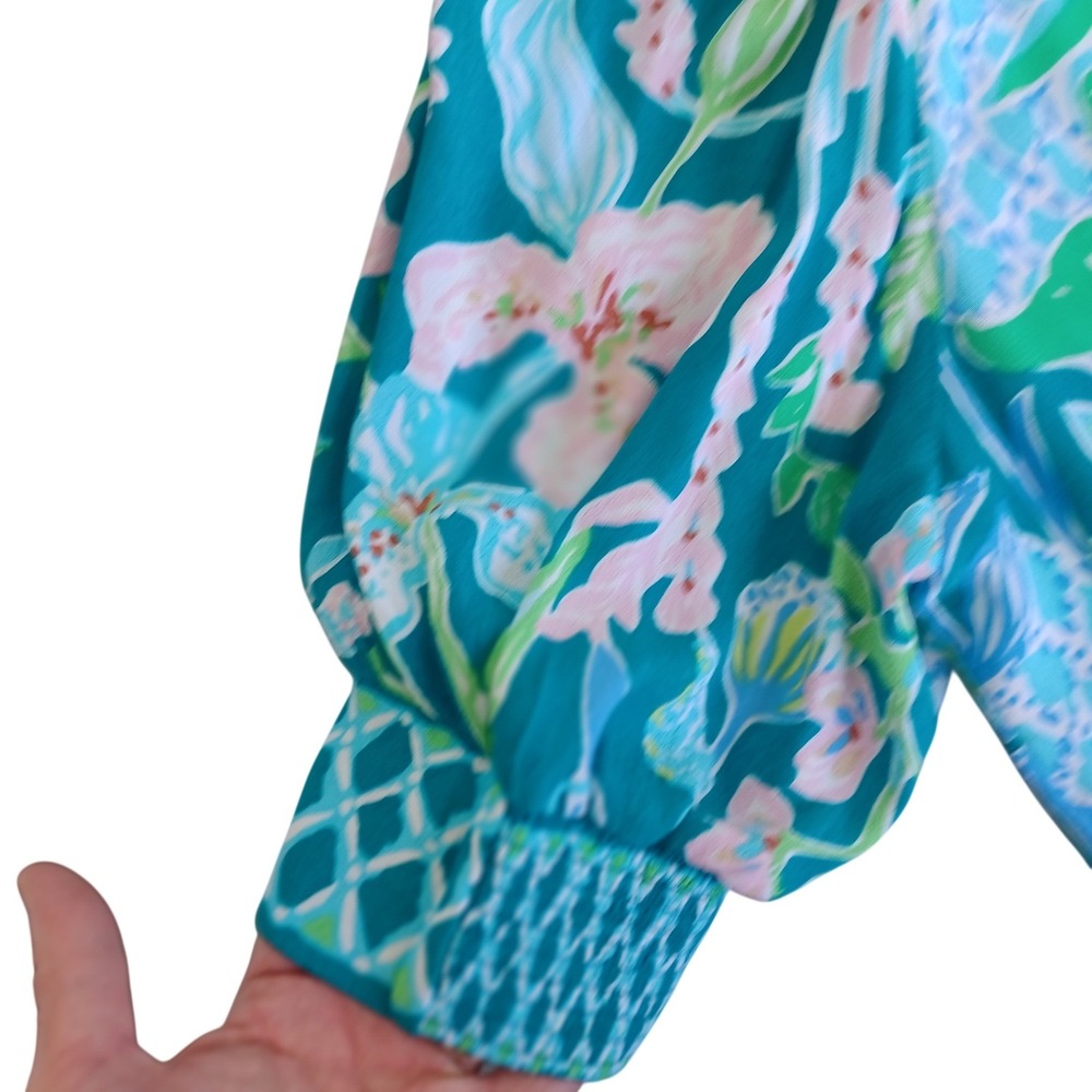 Lilly Pulitzer Teal Floral Tiered Maxi Dress Puff Sleeve Smocked Cuff Size 10 - Picture 7 of 11
